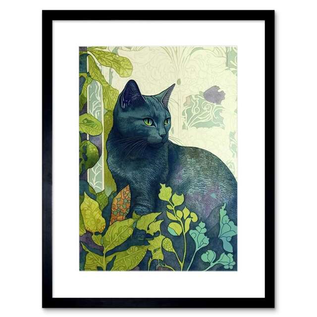 "Russian Blue Cat Bright Ornate Plants Modern Art Nouveau 9x7"" Black Framed Wall Art Print"