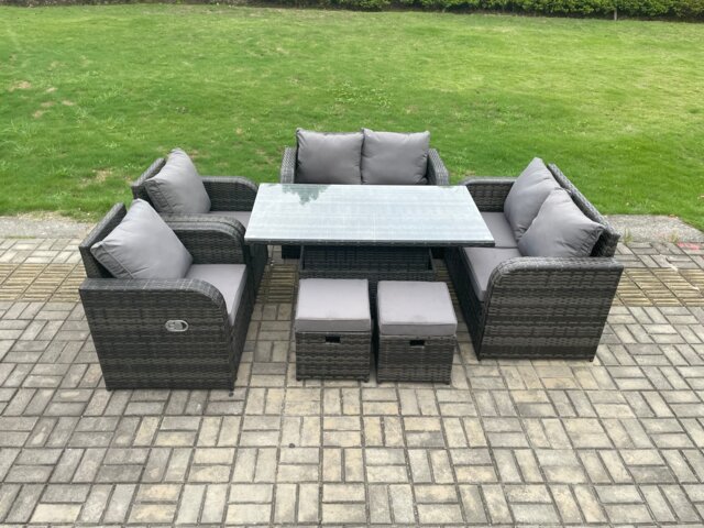 Fimous Wicker PE Rattan Furniture Garden Dining Set Outdoor Height Adjustable Rising lifting Table Love Sofa Chairs With Footstools
