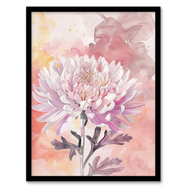 Chrysanthemum Flower Watercolour Pastel Soft Black Framed Wall Art Print A4