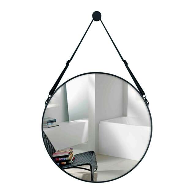 Living and Home Retro Round Hanging Mirror with Adjustable Leather Strap - 60 cm