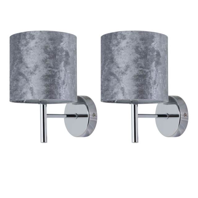 Set of 2 Brea - Chrome Wall Lights with Grey Crushed Velvet Shades Chrome Grey 2