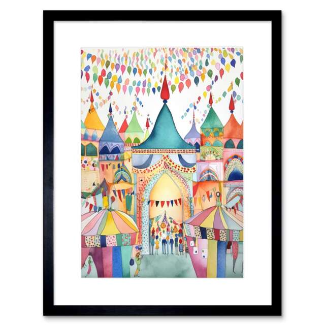 "Festival Folk Art Watercolour Painting 9x7"" Black Framed Wall Art Print"