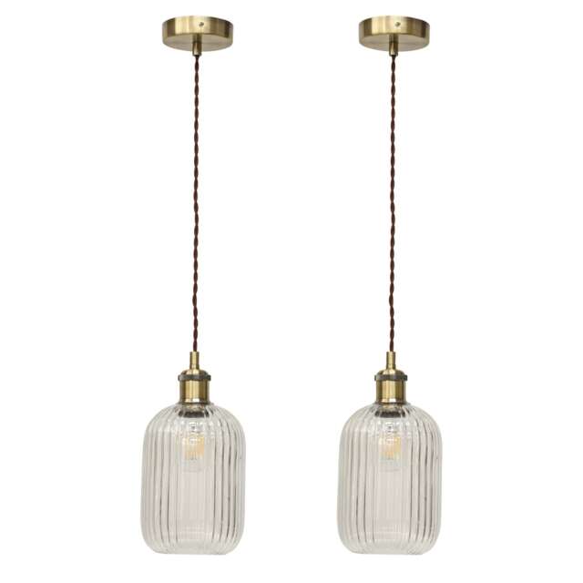 Set of 2 Batley - Clear Ribbed Glass Antique Brass Retro Pendants