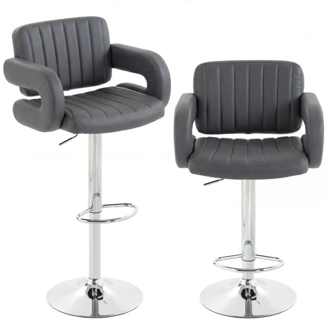 HOMCOM Bar Stools Adjustable Swivel with Armrest Set of 2 Grey Grey, Silver Tone 57.5 x 50 x 90-115 cm