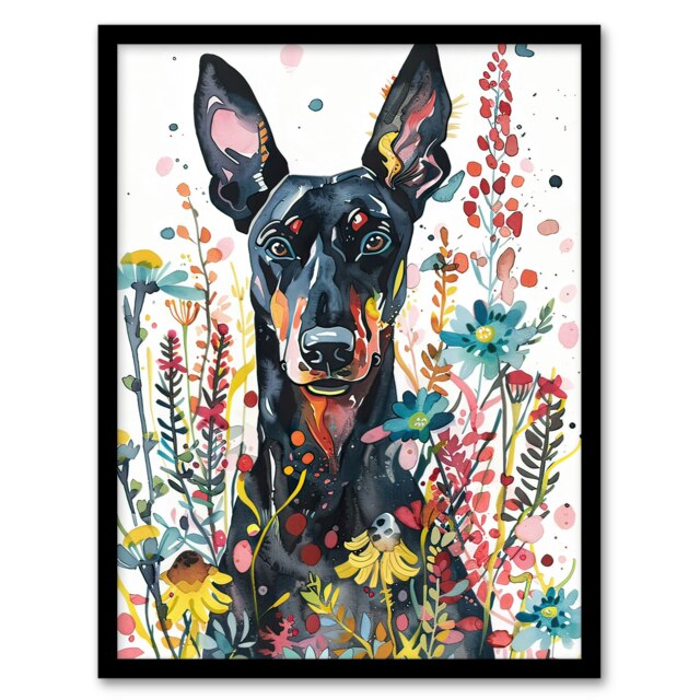 Dog Lover Happy Doberman in Spring Wildflowers Black Framed Wall Art Print A4