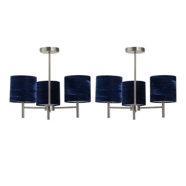 Set of 2 Brea - Antique Brass Light Fittings & Navy Blue Velvet Shades Yellow Blue 2