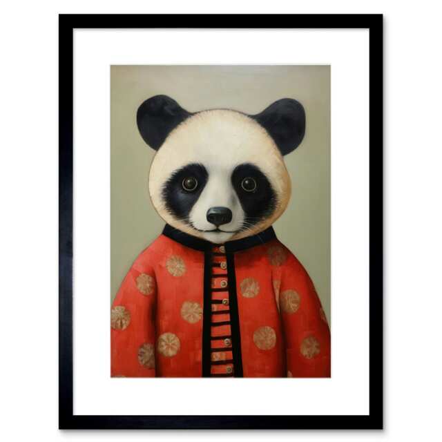 "Panda Cub China Uniform Fun Kids Bedroom 9x7"" Black Framed Wall Art Print"