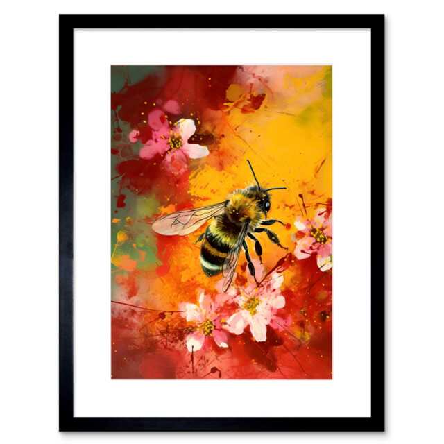 "Honey Bee Abstract Flower Bed Oil Painting 9x7"" Black Framed Wall Art Print"