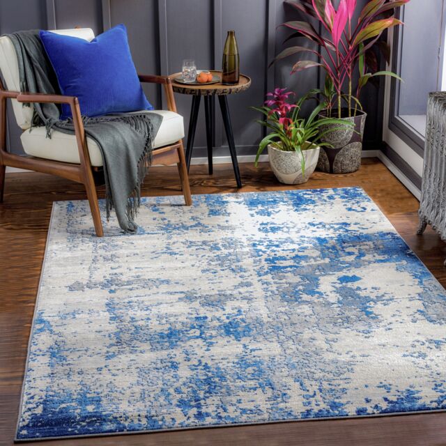 LIVABLISS Monaco-Abstract Modern Marble Rug 200 x 290 cm Blue Grey Ivory