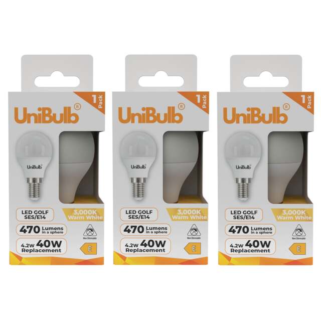 UniBulb LED Golf Ball E14 Small Edison Screw (SES) 470lm 4.2W (Replaces 40W) 3000K (Warm White) Light Bulb - Pack of 3 White Warm White 3