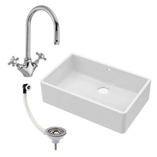 Fireclay 795mm 1 Bowl Butler Kitchen Sink with Overflow - Mixer Tap & Waste - Ceramic Kitchen Sink & Tap