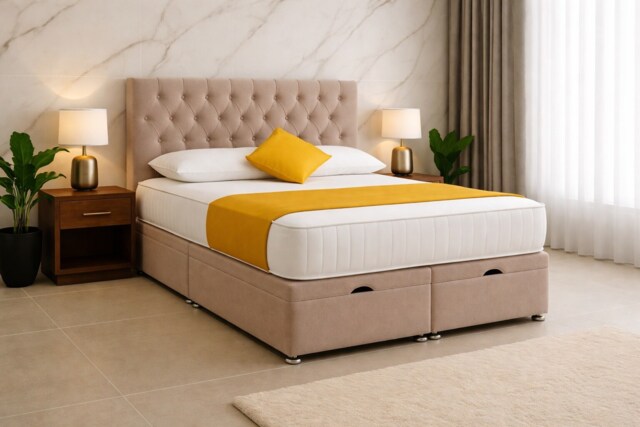 End Lift Beige Chesterfield 4ft6 Double Ottoman Divan Bed Set Headboard and Mattress