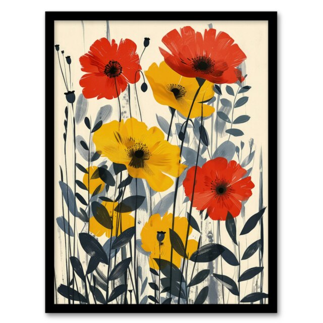 Yellow Red Wildflowers Blooming Modern Home Decor Black Framed Wall Art Print A4