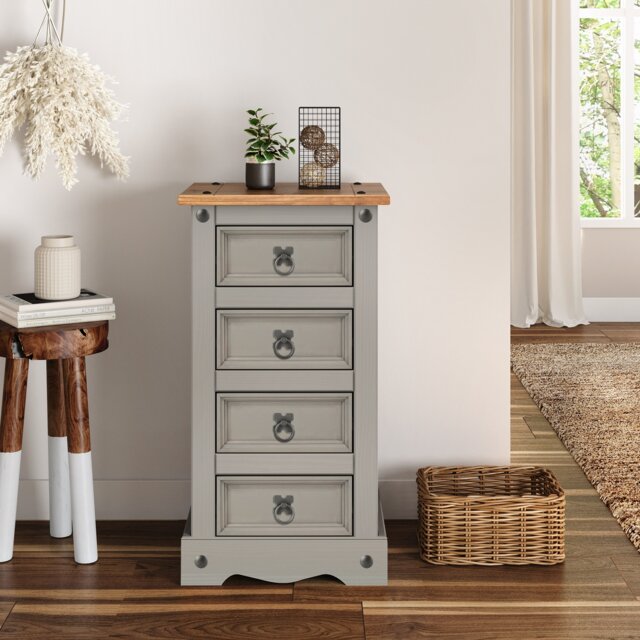 Mercers Furniture Corona Grey Wax Narrow 4 Drawer Bedside Cabinet Chest Table Solid Wood Pine Wooden Bedroom with Mexican Styling