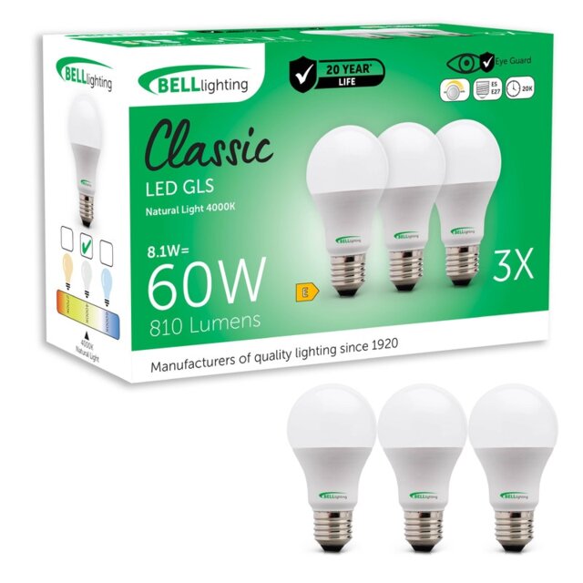 BELL Lighting Dimmable E27 GLS Edison Screw Natural White 4000K 8.1W LED Light Bulbs