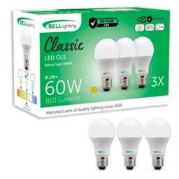 BELL Lighting Dimmable E27 GLS Edison Screw Natural White 4000K 8.1W LED Light Bulbs