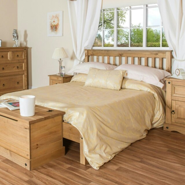 "Premium Corona 4'6"" Double Slatted Low-End Bedstead Antique Wax Pine - Mexican Pine Furniture"