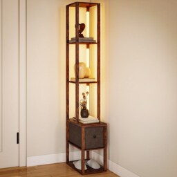 HOMCOM LED Floor Lamp, Standing Lamp with Shelves and Fabric Drawer, Brown Brown