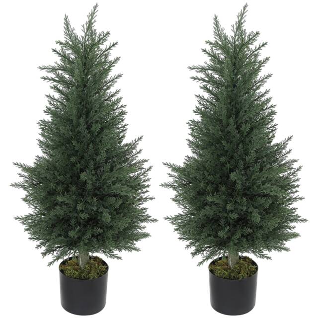 HOMCOM Artificial Plants Outdoor, 90 cm Fake Cypress Tree with Plastic Pots, UV-Resistant Faux Plants for Garden Front Porch Decoration, 2 Pack Green Green 3ft