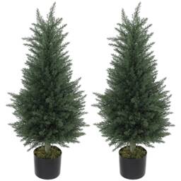 HOMCOM Artificial Plants Outdoor, 90 cm Fake Cypress Tree with Plastic Pots, UV-Resistant Faux Plants for Garden Front Porch Decoration, 2 Pack Green Green 3ft