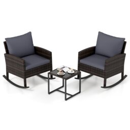 COSTWAY 3 Pieces Wicker Rocking Chairs Set Rattan Outdoor Patio Furniture Set-Grey
