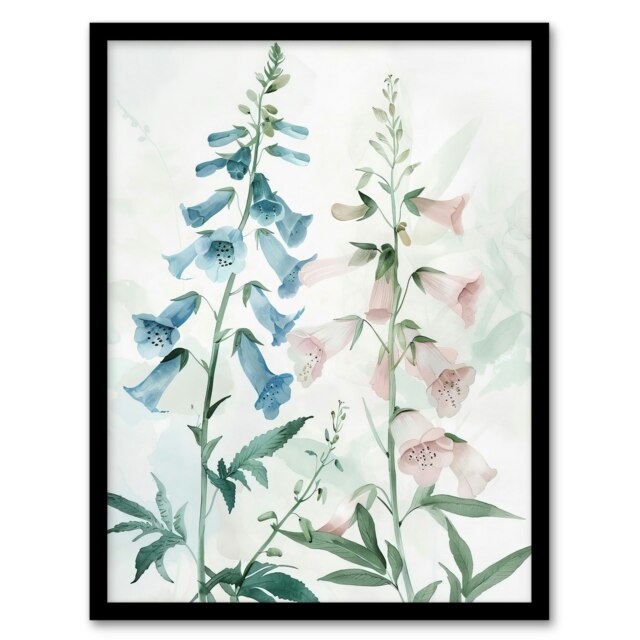 Pink Foxglove Flowers Modern Watercolour Black Framed Wall Art Print A4