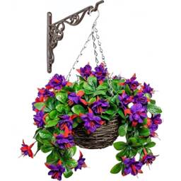 Artificial Fuchsia Flowers Rattan Hanging Basket Decoration Purple 25cm