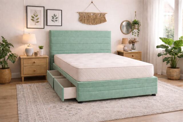 Divan Bed Set Headboard and Footboard with Mattress 2ft6 Small Single Mint Suede Storage 2 Drawers Left Side Laying in Bed