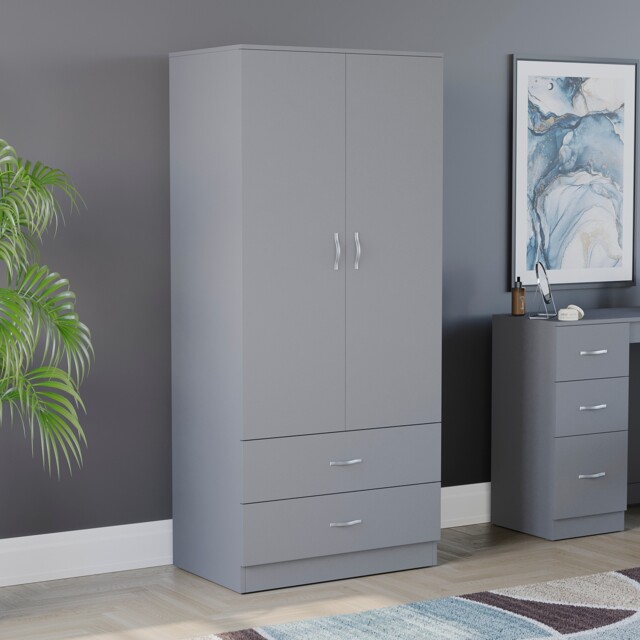 Vida Designs Riano 2 Door 2 Drawer Wardrobe With Shelf & Clothes Rail, Grey