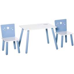 HOMCOM 3 Pcs Kids Table & Chairs Dining Set Wood Legs Safe Corners Stars Seating Blue