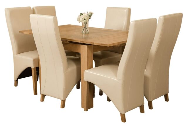 Richmond 90-150cm Square Oak Extending Dining Table & 6 Lola Leather Chairs Cream Cream