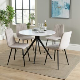 Aspen White 100cm Round Dining Table with 4 Straight Stitch Upholstered Fabric Chairs - Modern Dining Set White Natural One Size 1