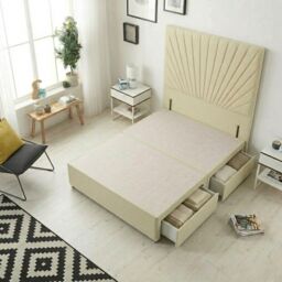 Sunburst Divan Bed with 2 Drawers & 54'' Floor Standing Headboard Linen Fabric Yellow Beige