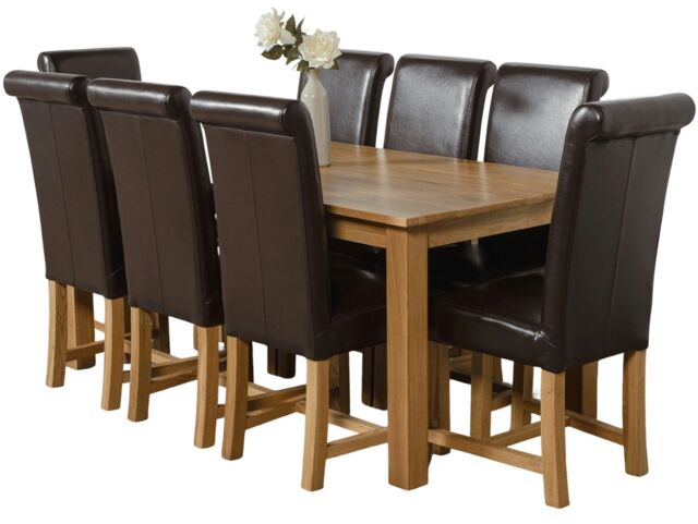 Oslo 180 x 90 cm Large Oak Dining Table and 8 Washington Leather Chairs Brown Brown