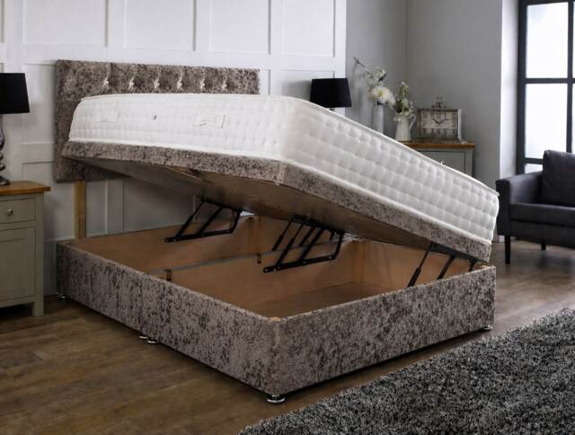 Side Lift Crushed Velvet Truffle Ottoman Bed Set 4ft6 Double