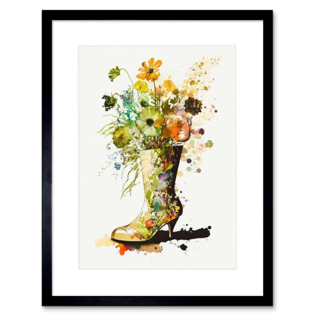 "Wildflower Bouquet a High Heel Floral Boot 9x7"" Black Framed Wall Art Print"