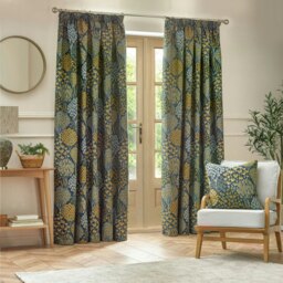 Wylder Ophelia Floral Jacquard Blue/Saffron Pencil Pleat Curtains (W)229cm x (D)137cm Multi