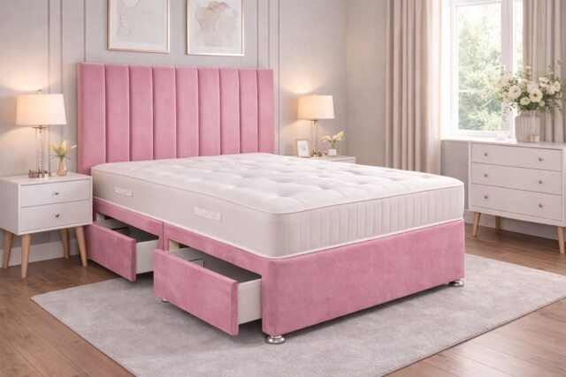 Pink plush divan 4ft6 double divan bed set with headboard and mattress storage No Drawers