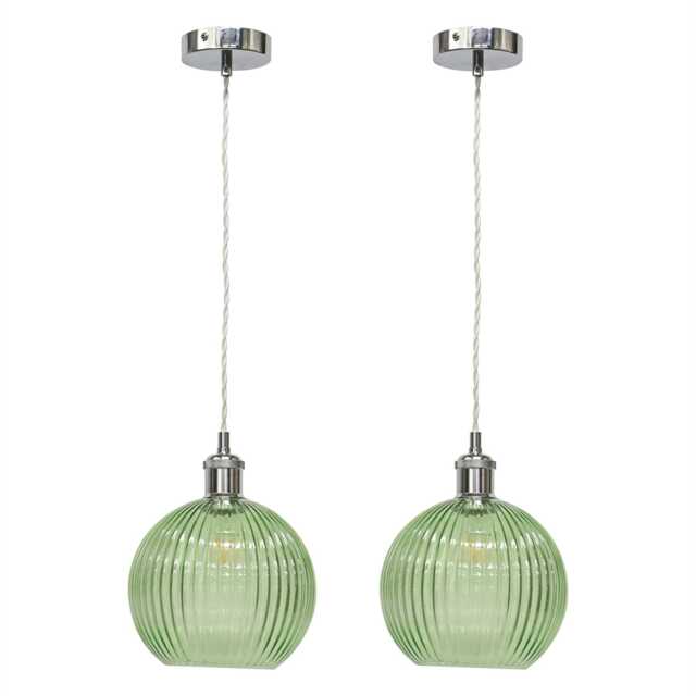 Set of 2 Betchley - Green Ribbed Glass Chrome Retro Pendant Fittings