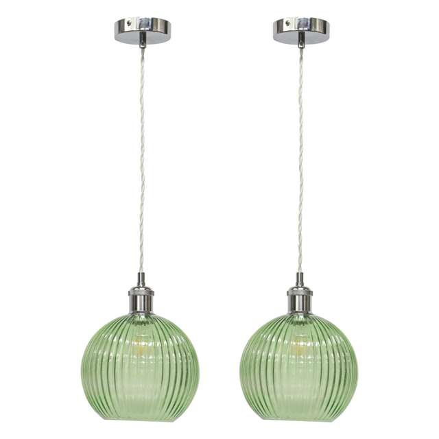 Set of 2 Betchley - Green Ribbed Glass Chrome Retro Pendant Fittings