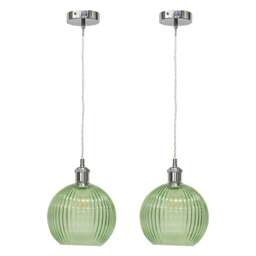 Set of 2 Betchley - Green Ribbed Glass Chrome Retro Pendant Fittings