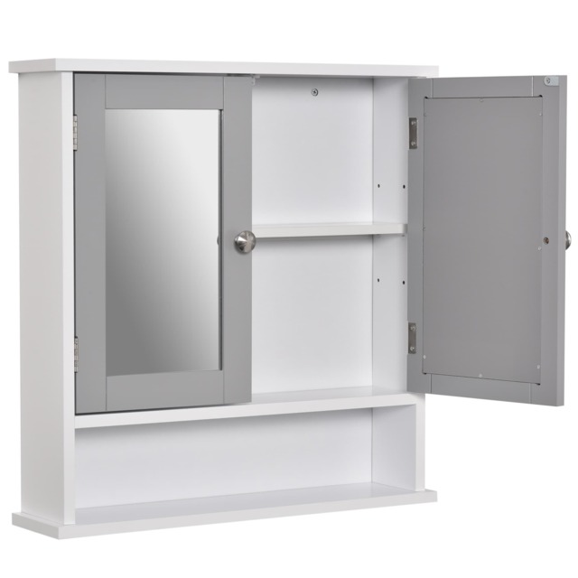 kleankin Mirror Cabinet Wall Mounted with Double Mirrored Doors, Hanging Cabinet with Cupboard and Shelf, Bathroom Wall Storage Organiser, Grey