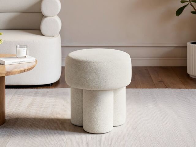 SOLACE+CO Ferro High Round Pouffe Beige Sherpa Fleece
