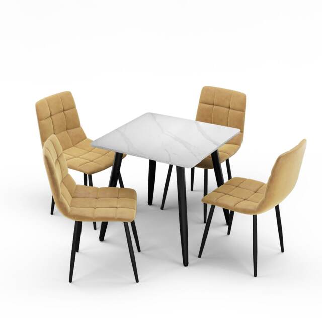 5-Piece Dining Set - 80cm Square Sintered Stone Table and 4 Velvet Chairs with Metal Legs White White & Yellow 1