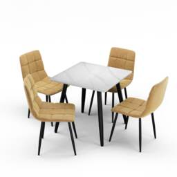 5-Piece Dining Set - 80cm Square Sintered Stone Table and 4 Velvet Chairs with Metal Legs White White & Yellow 1
