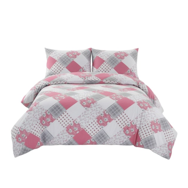 Duvet Cover And Pillowcase Set Floral Patchwork Design Polycotton Bed Linen Pink Super King