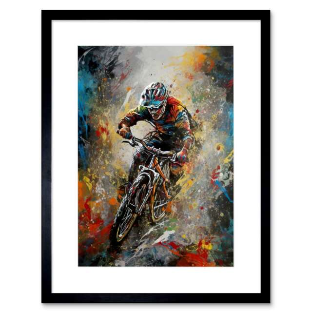 "Mountain Biker Action Shot Portrait 9x7"" Black Framed Wall Art Print"