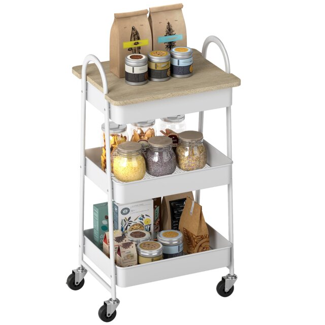 HOMCOM 3-Tier Storage Trolley with Covered Top Board, Rolling Utility Cart, Mobile Storage Cart on Wheels with Mesh Baskets for Kitchen, Living Room, Dining Room, Bedroom, Bathroom, White White Oak and White