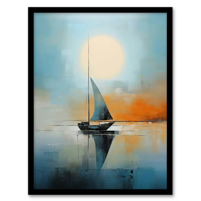 Seascape Modern Abstract Sailboat Boat Calm Black Framed Wall Art Print A4