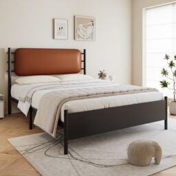 VILUXE Metal bed, 4ft6 double bed 135×190cm, With a PU-upholstered headboard, Durable and Sturdy, Youth bed, for adults & teenagers, Wrought iron bed, Black Iron+PU
